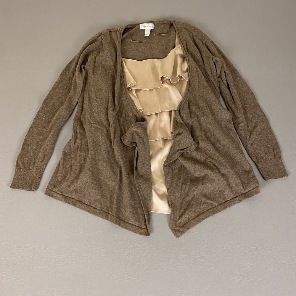 Dressbarn Cardigan Sweater Women's Large Brown Ruffle‎ Trim Open Layered Top